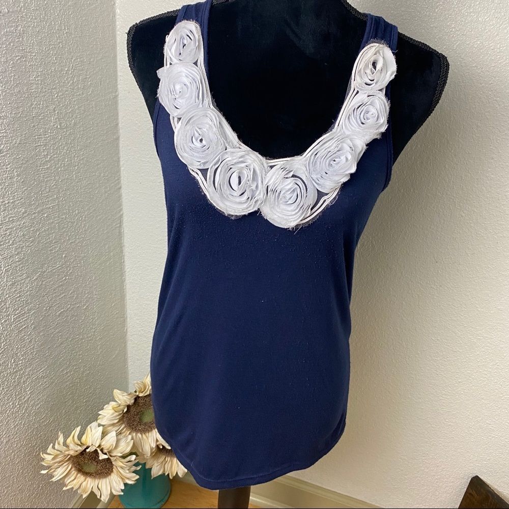 Navy Blue Tank with 3D White Flower Neckli…